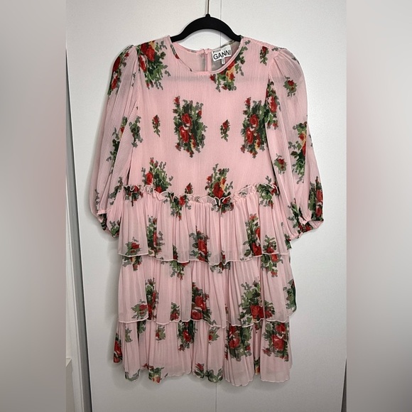 GANNI Floral-Print Pleated Georgette Ruffle Tiered Short Dress Size US 4 - Picture 3 of 14